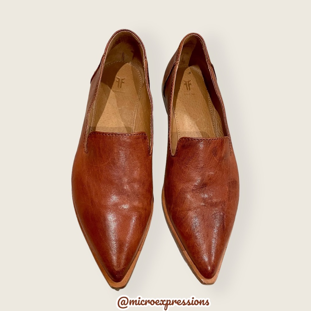 Frye Kenzie Venetian Cognac Leather Work Casual Everyday Pointy Wood Flat Loafer - Picture 5 of 11